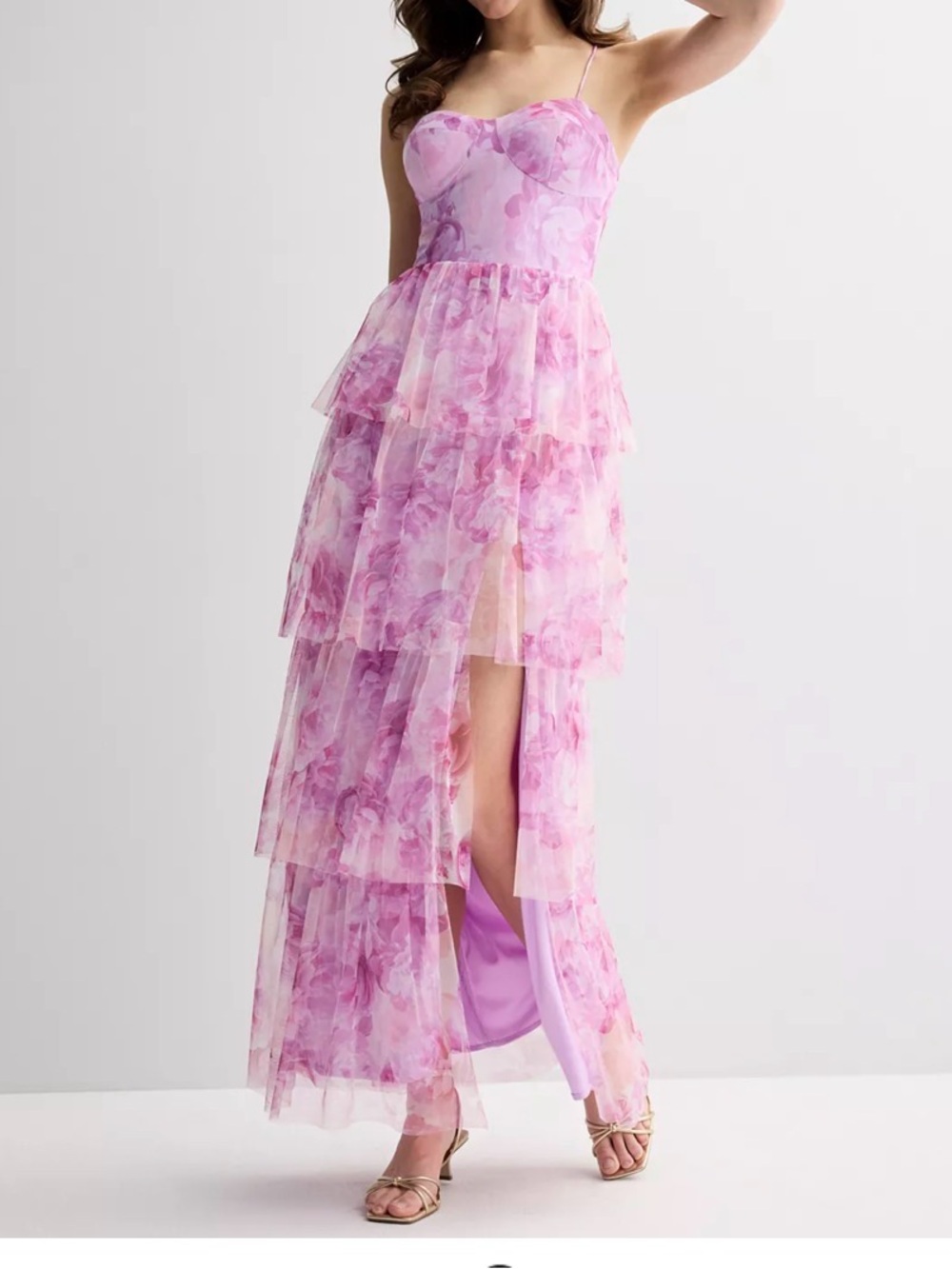 Pink Floral Tiered High-Low Maxi Dress size 7